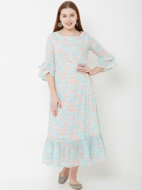 

FASHOR Women Sea Green Printed A-Line Dress