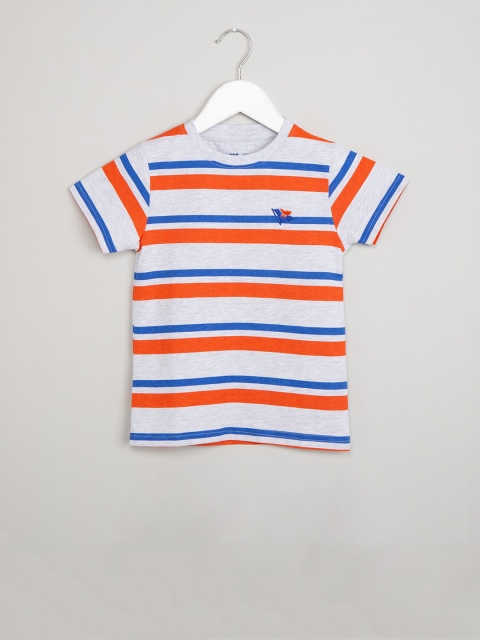 max Boys White & Orange Striped Round Neck T-shirt
