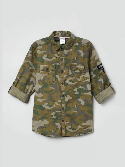 

max Boys Olive Green Regular Fit Camouflage Printed Casual Shirt