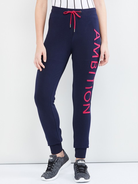 

max Women Navy Blue & Pink Printed Slim-Fit Joggers