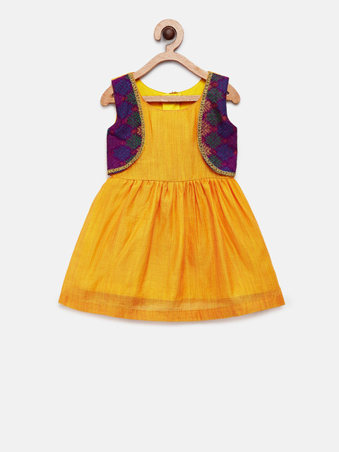 

MANY FROCKS & Girls Mustard Solid Fit and Flare Dress & Waistcoat