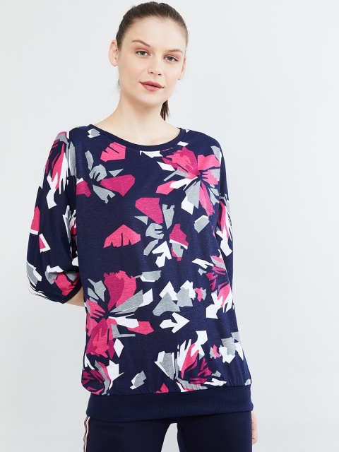 

max Women Navy Blue & Pink Floral Print Blouson Top