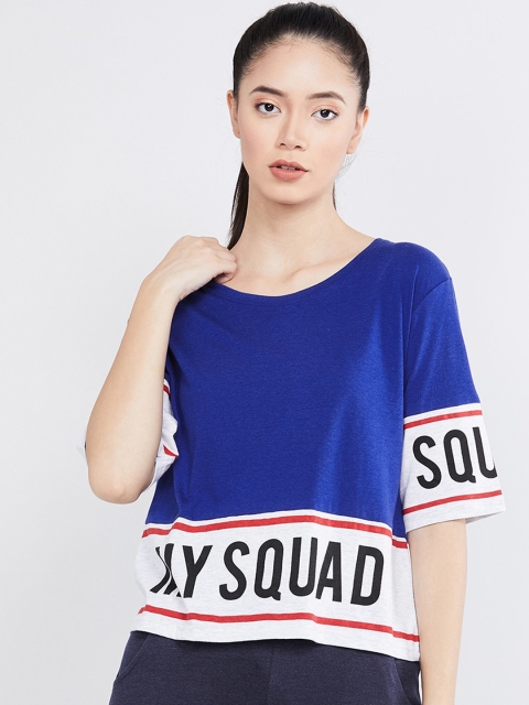 

max Women Royal Blue & White Printed Round Neck T-shirt