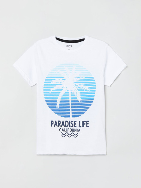 

max Boys White & Blue Printed Round Neck T-shirt