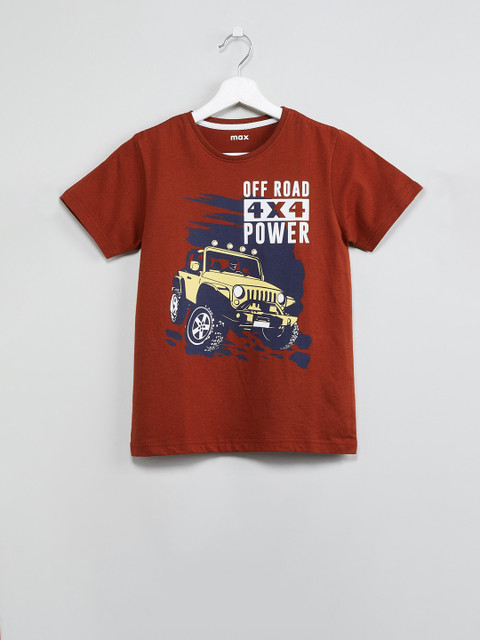 

max Boys Brown Printed Round Neck T-shirt