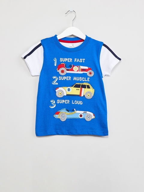 

max Boys Blue & White Printed Round Neck T-shirt