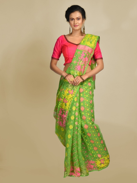 

Mitera Green & Yellow Silk Cotton Woven Design Jamdani Saree