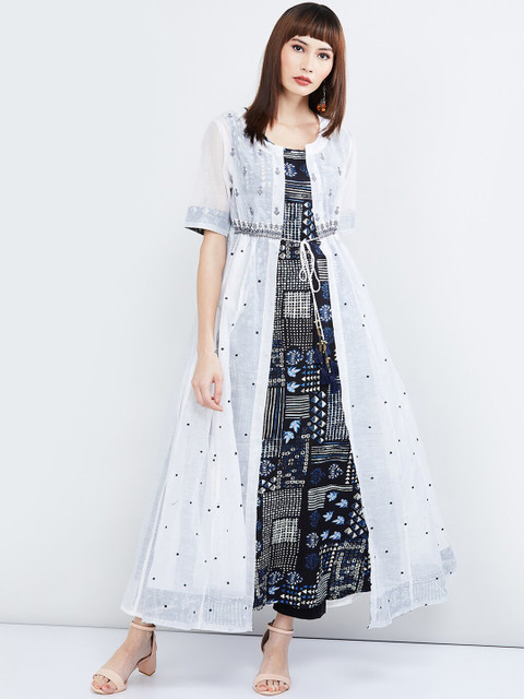 

max Women Off-White & Navy Blue Printed A-Line Kurta & Jacket