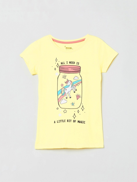 max Girls Yellow Printed Round Neck T-shirt