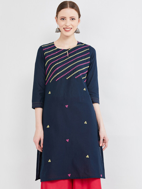 

max Women Navy Blue & Pink Embroidered Straight Kurta