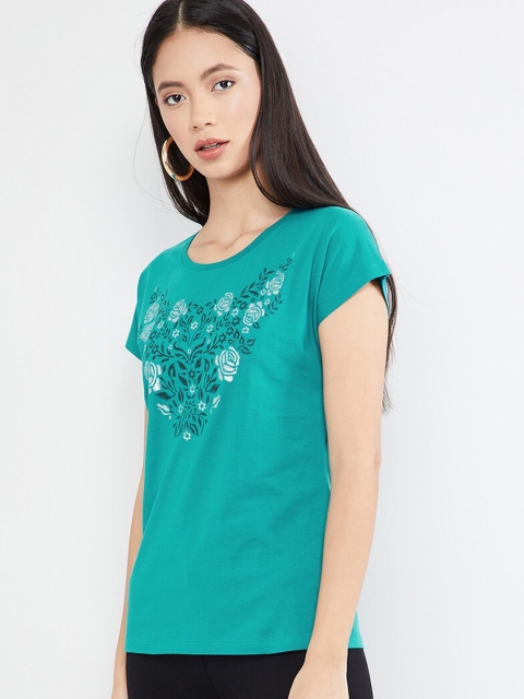 

max Women Green Printed Round Neck T-shirt
