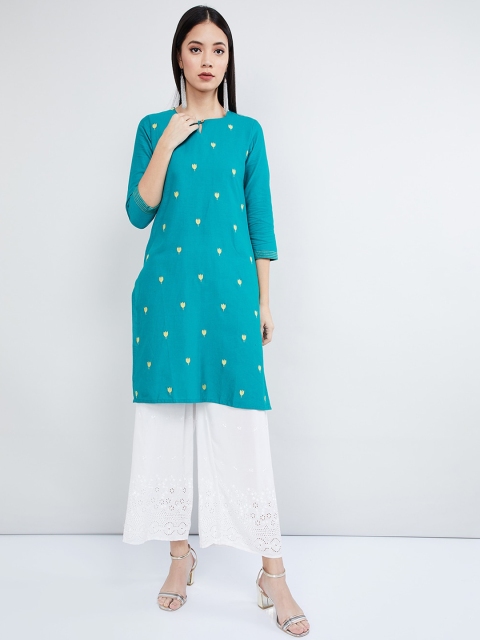 

max Women Turquoise Blue & Yellow Floral Embroidered Straight Kurta