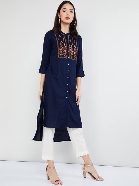 

max Women Navy Blue & Yellow Yoke Design Straight Kurta
