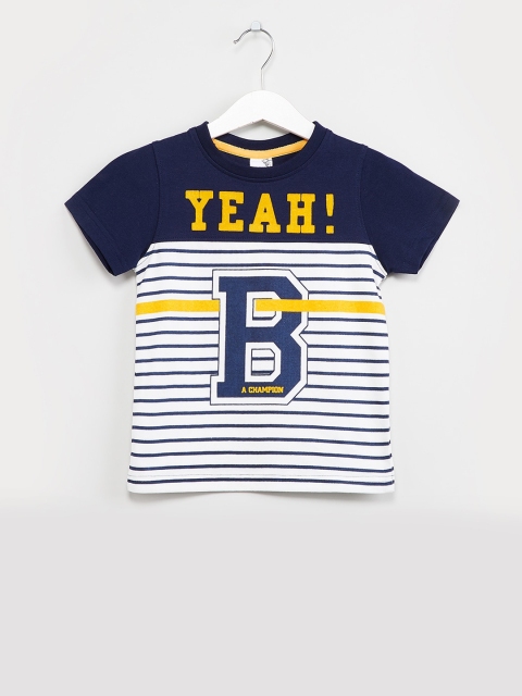 

max Boys White & Navy Blue Striped Round Neck T-shirt