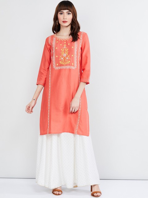 

max Women Coral Orange & White Embroidered Straight Kurta