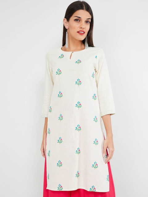

max Women Off-White & Turquoise Blue Floral Embroidered Straight Kurta