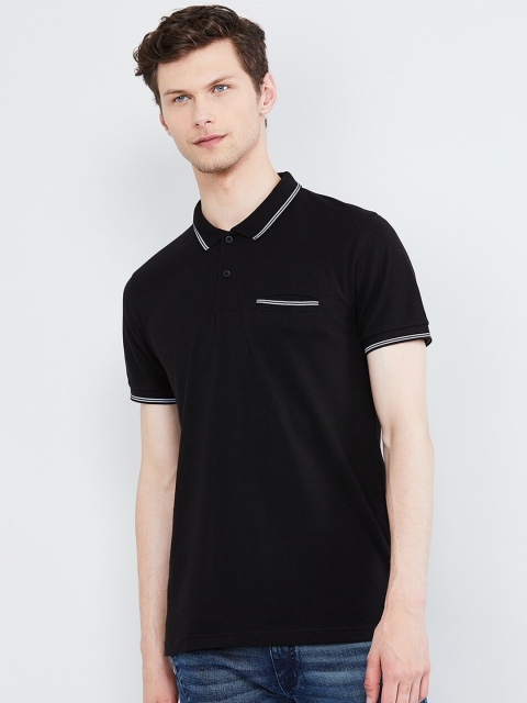 

max Men Black Solid Polo Collar T-shirt
