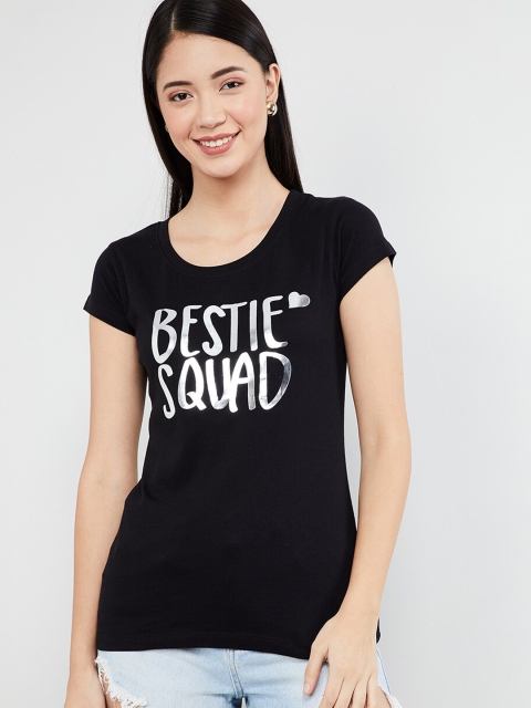 

max Women Black Printed Round Neck T-shirt