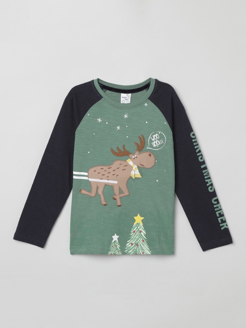 

max Boys Olive Green & Brown Printed Raglan Sleeves T-shirt
