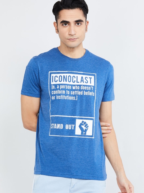 

max Men Blue & White Printed Round Neck T-shirt