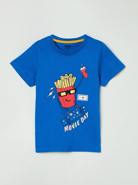 

max Boys Blue Printed Cotton Round Neck Pure Cotton T-shirt