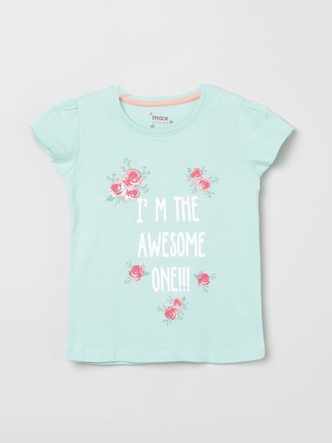 

max Girls Blue Printed Round Neck T-shirt