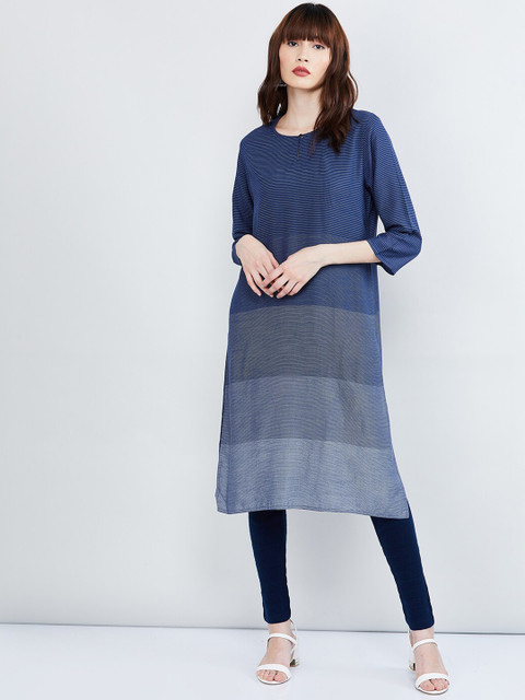 

max Women Navy Blue Striped Straight Kurta