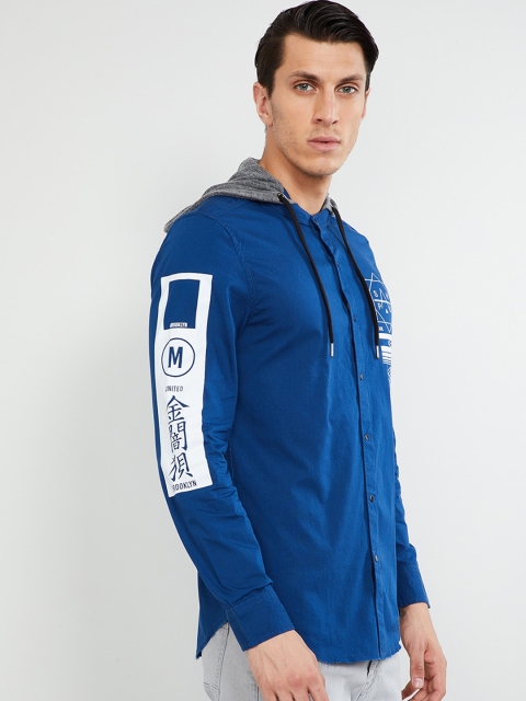

max Men Blue Slim Fit Printed Hood Casual Shirt