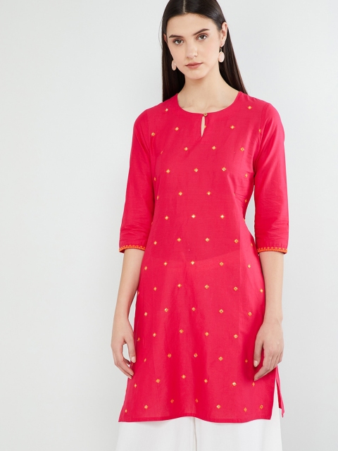 max Women Pink & Yellow Mirror Work Embellished Straight Kurta