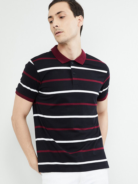 

max Men Black &White Striped Polo Collar T-shirt
