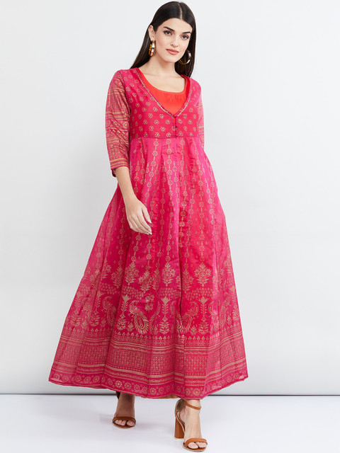 

max Women Fuchsia Pink & Orange Printed A-Line Kurta & Jacket