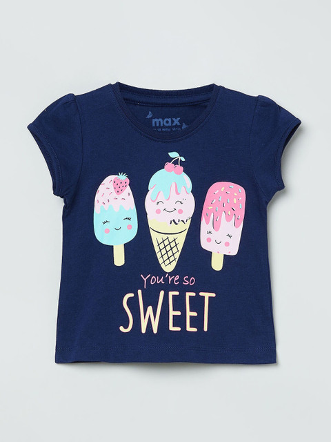 

max Girls Blue Printed Round Neck T-shirt