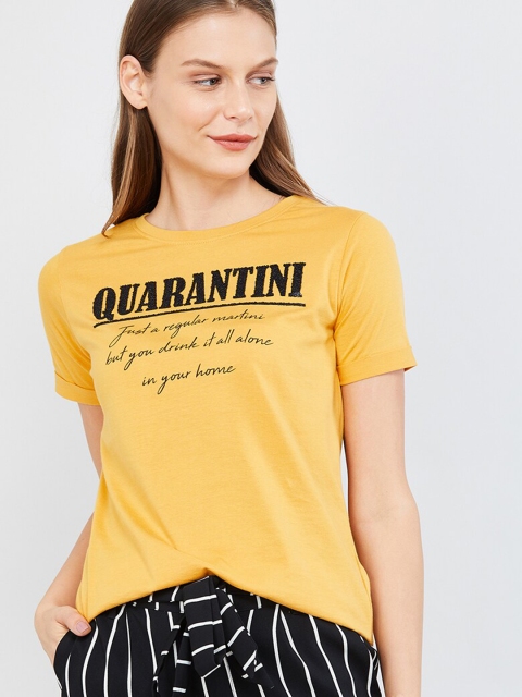 

max Women Yellow Printed Round Neck T-shirt