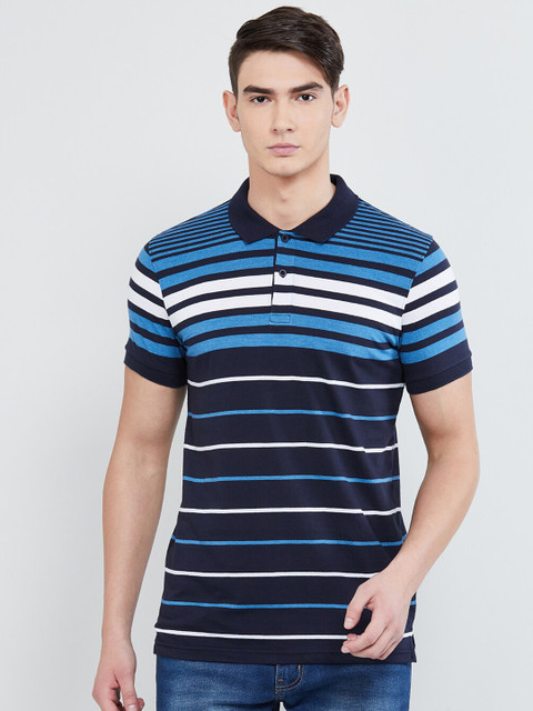 

max Men Navy Blue Striped Polo Collar T-shirt