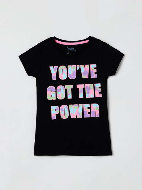 

max Girls Black Printed Round Neck T-shirt