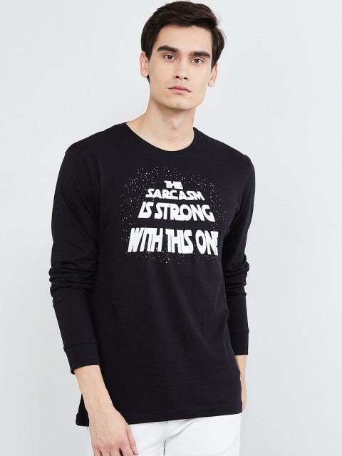 

max Men Black Printed Round Neck T-shirt