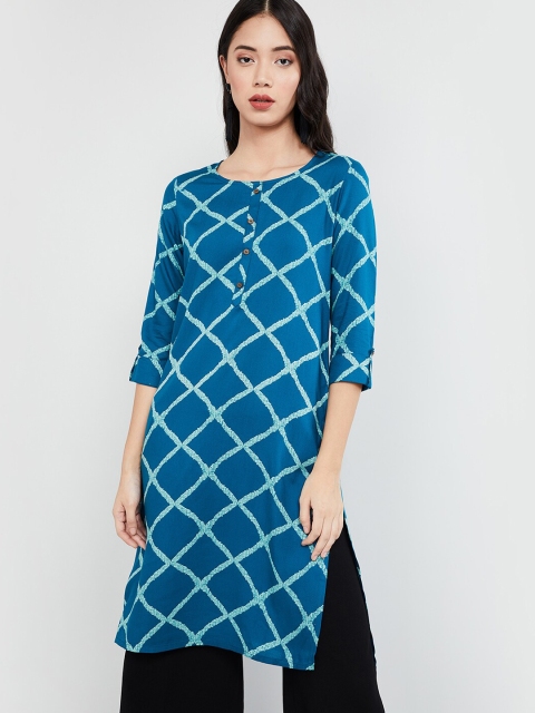 

max Women Teal Blue Checked Straight Kurta
