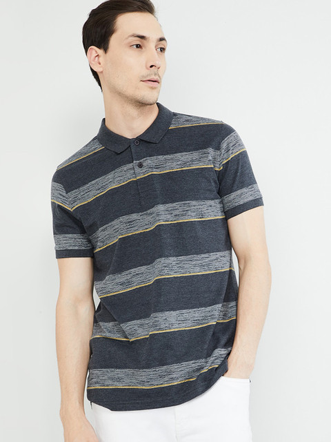

max Men Grey Striped Polo Collar T-shirt