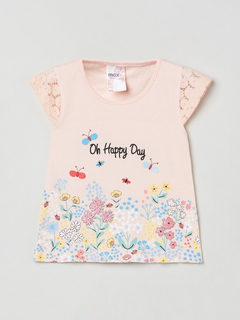 

max Girls Peach-Coloured & Blue Floral Printed Round Neck T-shirt