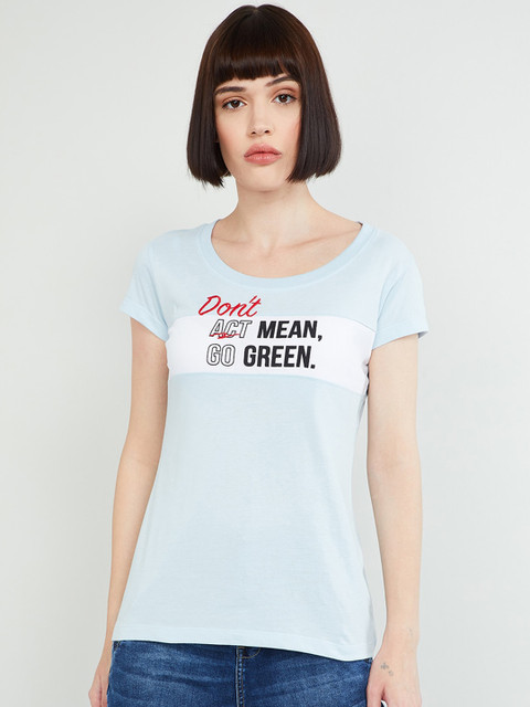 

max Women Blue Printed Round Neck T-shirt
