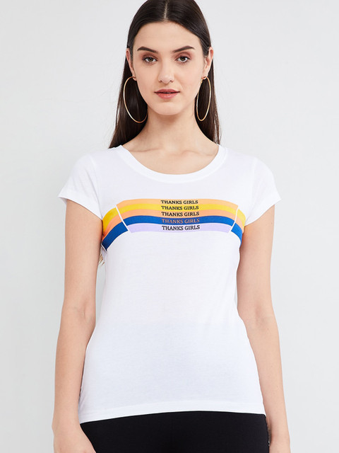 

max Women White Printed Round Neck T-shirt