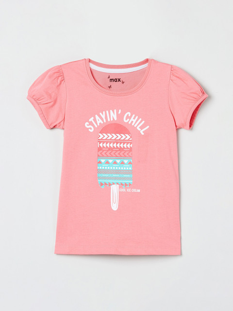 

max Girls Pink & White Printed Round Neck T-shirt