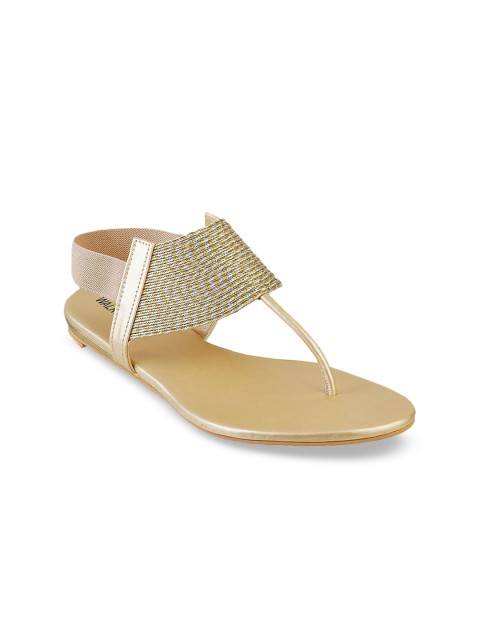 

WALKWAY Women Gold-Toned Embellished T-Strap Flats