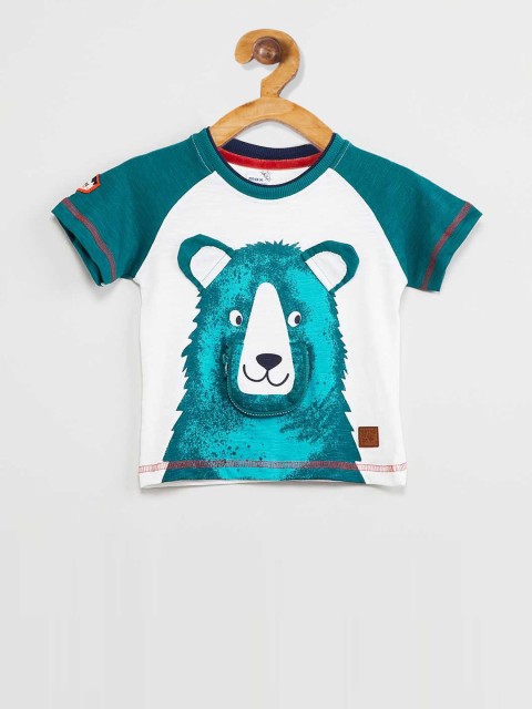 

max Infant Boys White & Teal Blue Printed Raglan Sleeves T-shirt