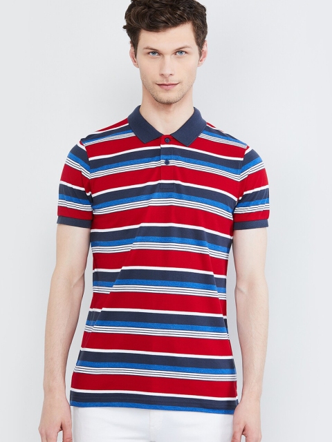 

max Men Red & Navy Blue Striped Polo Collar T-shirt
