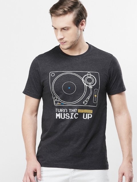 

max Men Charcoal Grey & White Printed Round Neck T-shirt