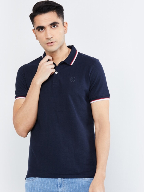 

max Men Navy Blue Solid Polo Collar T-shirt