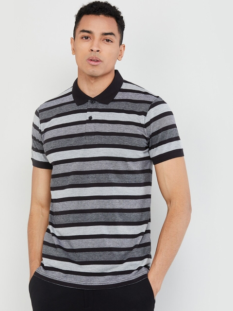 

max Men Black & Grey Striped Polo Collar T-shirt