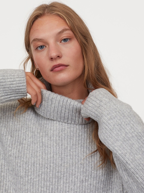 

H&M Women Grey Knitted Polo-Neck Dress