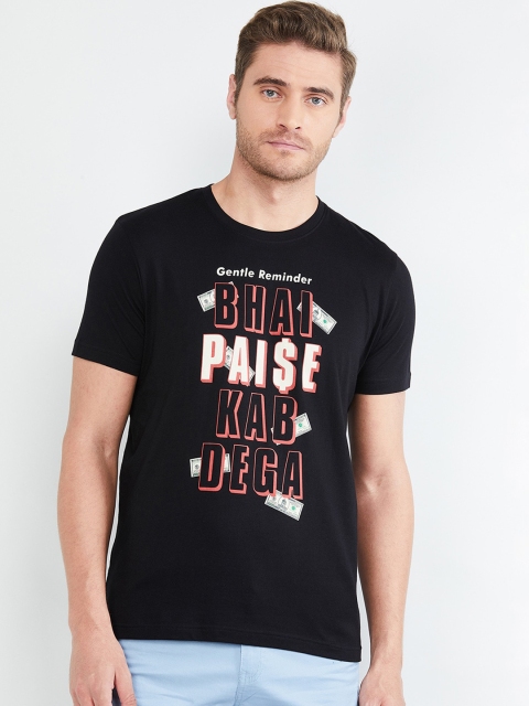 

max Men Black Printed Round Neck T-shirt
